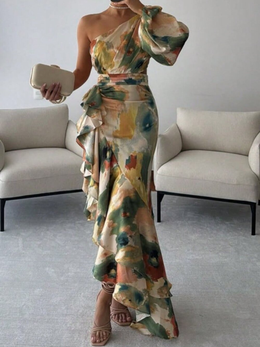 Green Preppy Women's Asymmetrical Belted Ruffle Long Dress